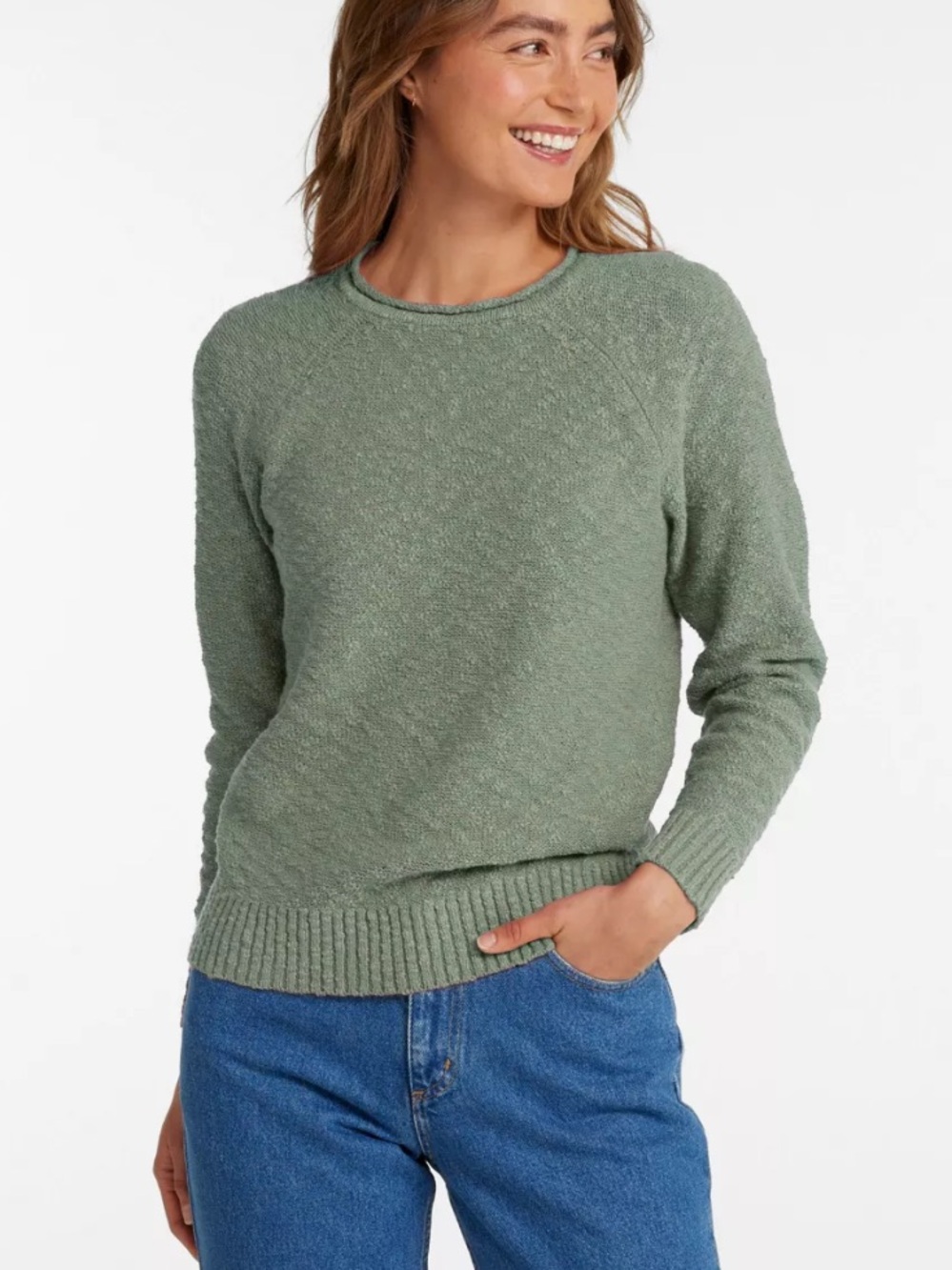 LL Bean Cotton Slub Sweater Rollover Collar Crewneck Sweater Sz Large - Picture 1 of 9